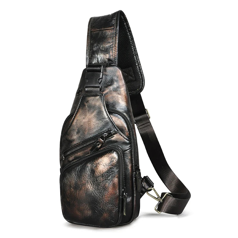 Men Original Crazy horse Leather Casual Triangle Crossbody Chest Sling Bag Design Travel One Shoulder Bag Daypack Male 8015 new-coffee