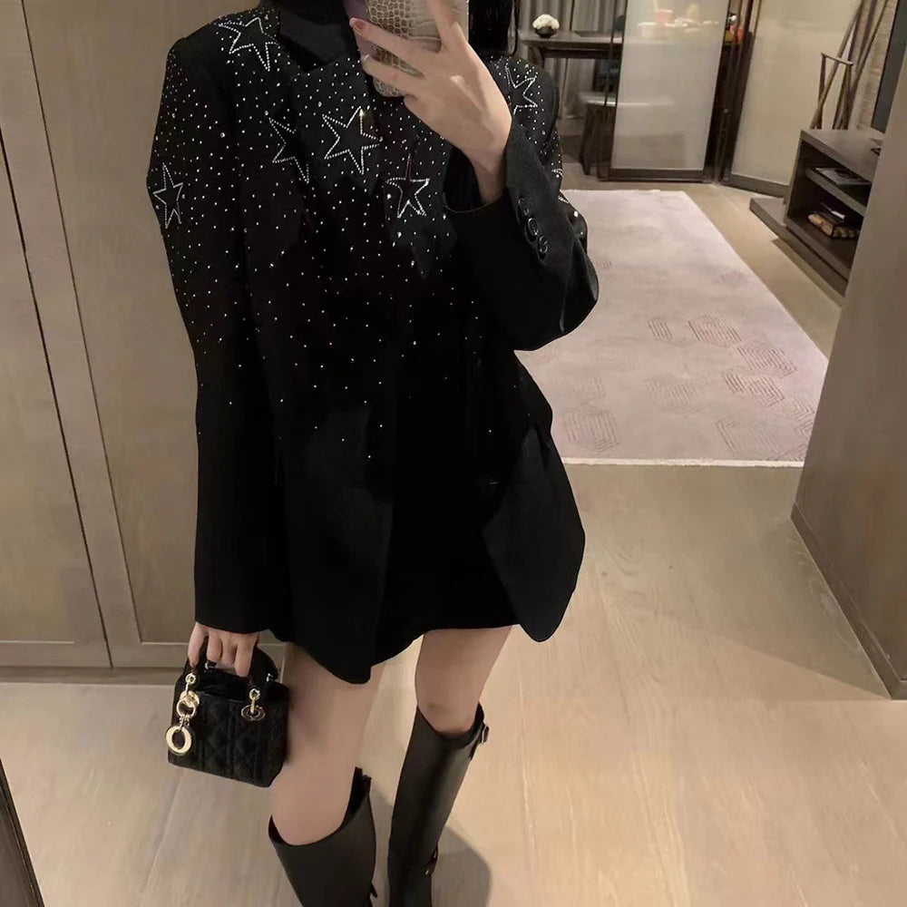 TWOTWINSTYLE Solid Spliced Bedazzle Jackets for Women Lapel Long Sleeves Patchwork Single Breasted Temperament Jacket Female New