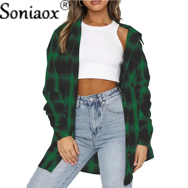 Flannel Plaid Shirt Women Autumn Loose Button Up Lapels Tops Casual Checkered Long Sleeve Blouse Ladies Pockets Basic Female New green
