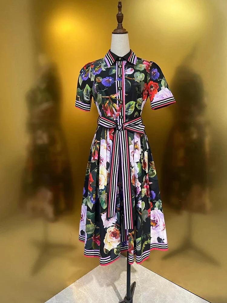 VGH Patchwork Lace Up Floral Printing Casual Dresses For Women Lape Short Sleeve High Waist Spliced Button Dress Female Fashion BLACK