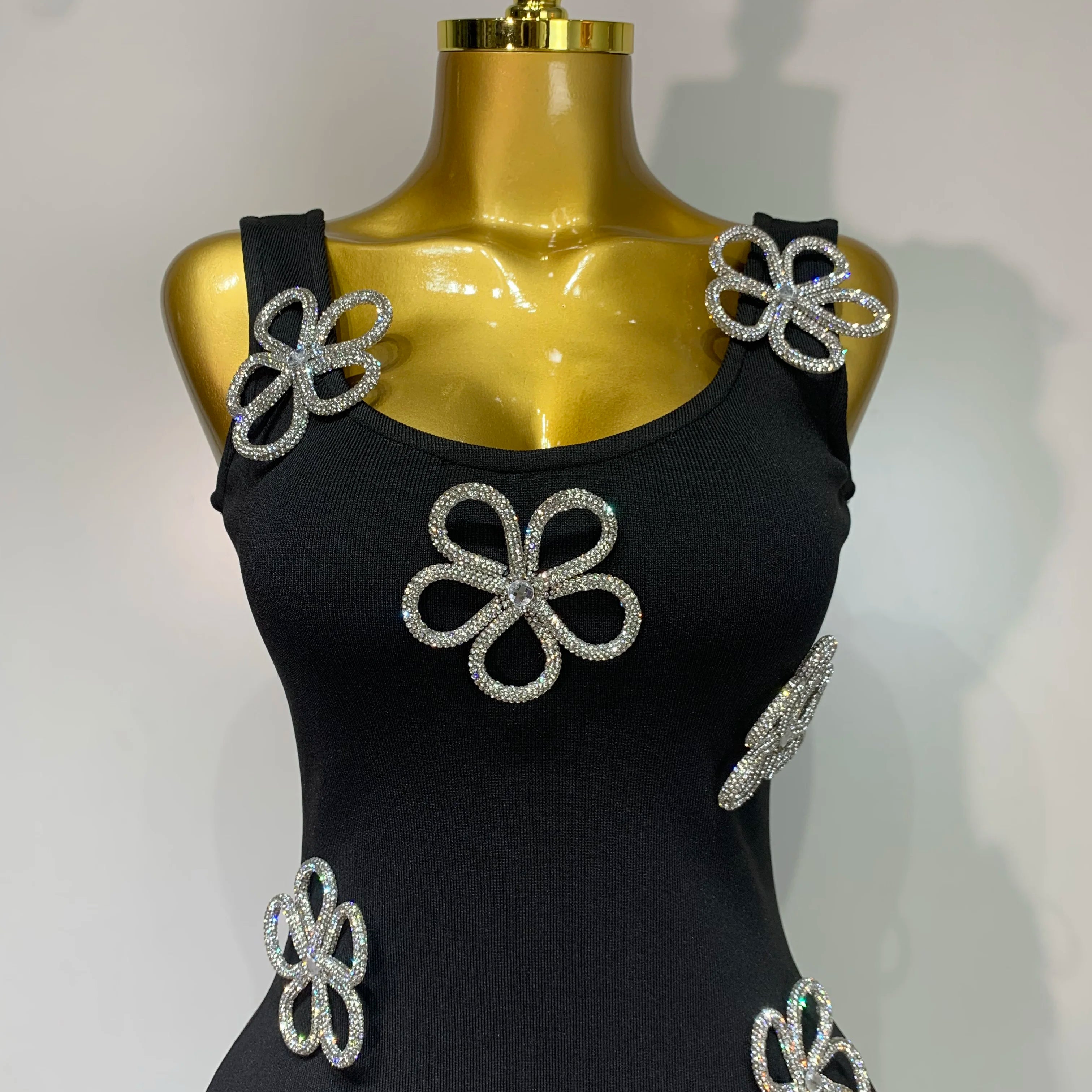 Women Celebrity Sexy Diamonds Flower Black Long Bodycon Bandage Dress 2025 Elegant Evening Club Party Luxury Birthday Dresses