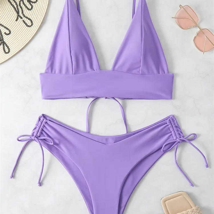Bikini Women Swimsuit New Solid Black High Waist Bikinis Set Lace Up Bathing Suit Swimwear Summer Brazilian Beach Two Piece PURPLE