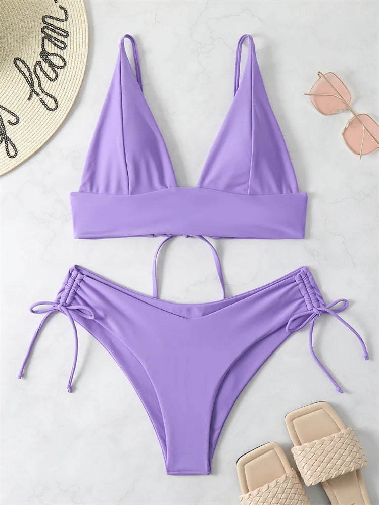 Bikini Women Swimsuit New Solid Black High Waist Bikinis Set Lace Up Bathing Suit Swimwear Summer Brazilian Beach Two Piece PURPLE