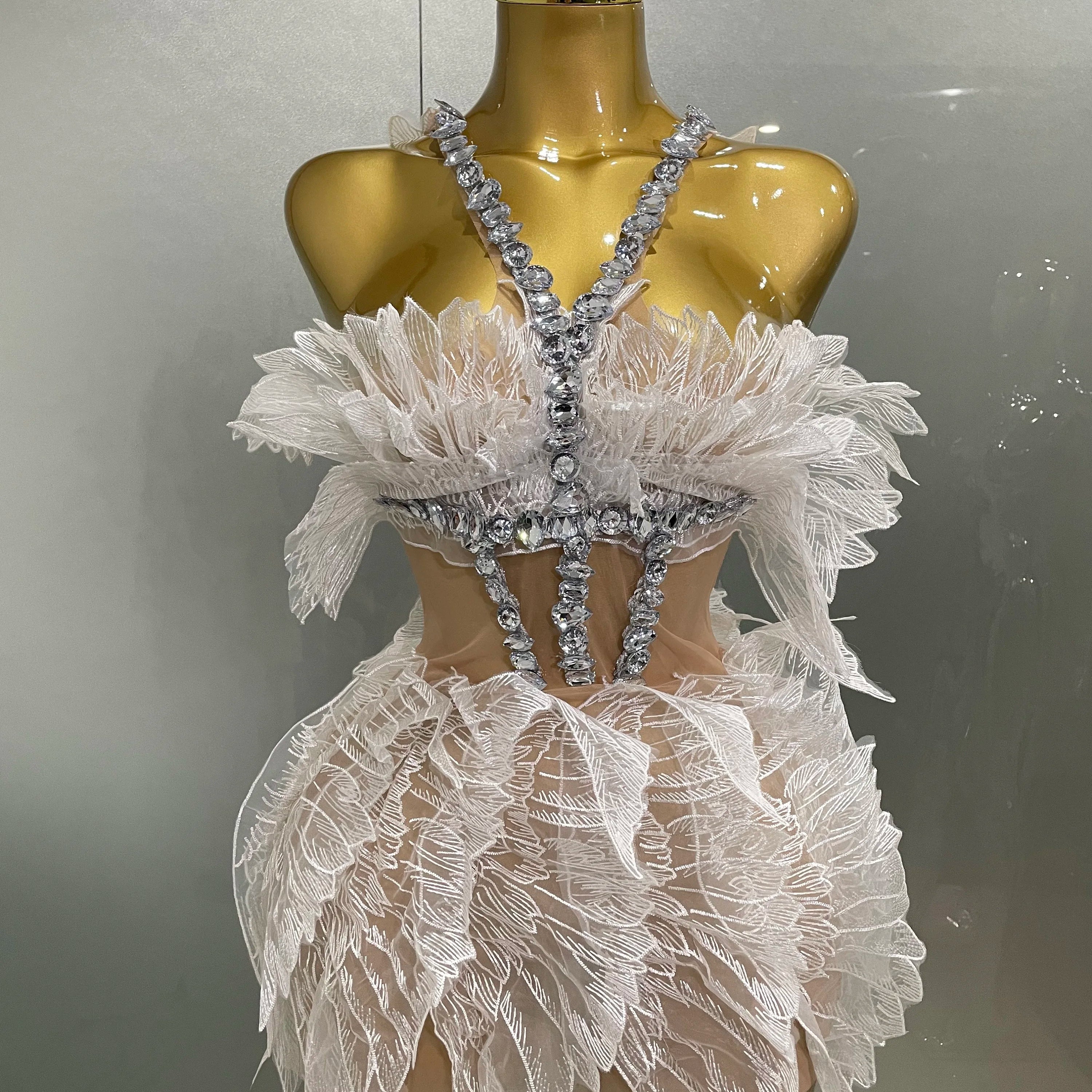 Sexy Shining Gold Crystal Transparent Wings Mini Dress 2025 Women Birthday Party Bar Nightclub Singer Stage Performance Costume