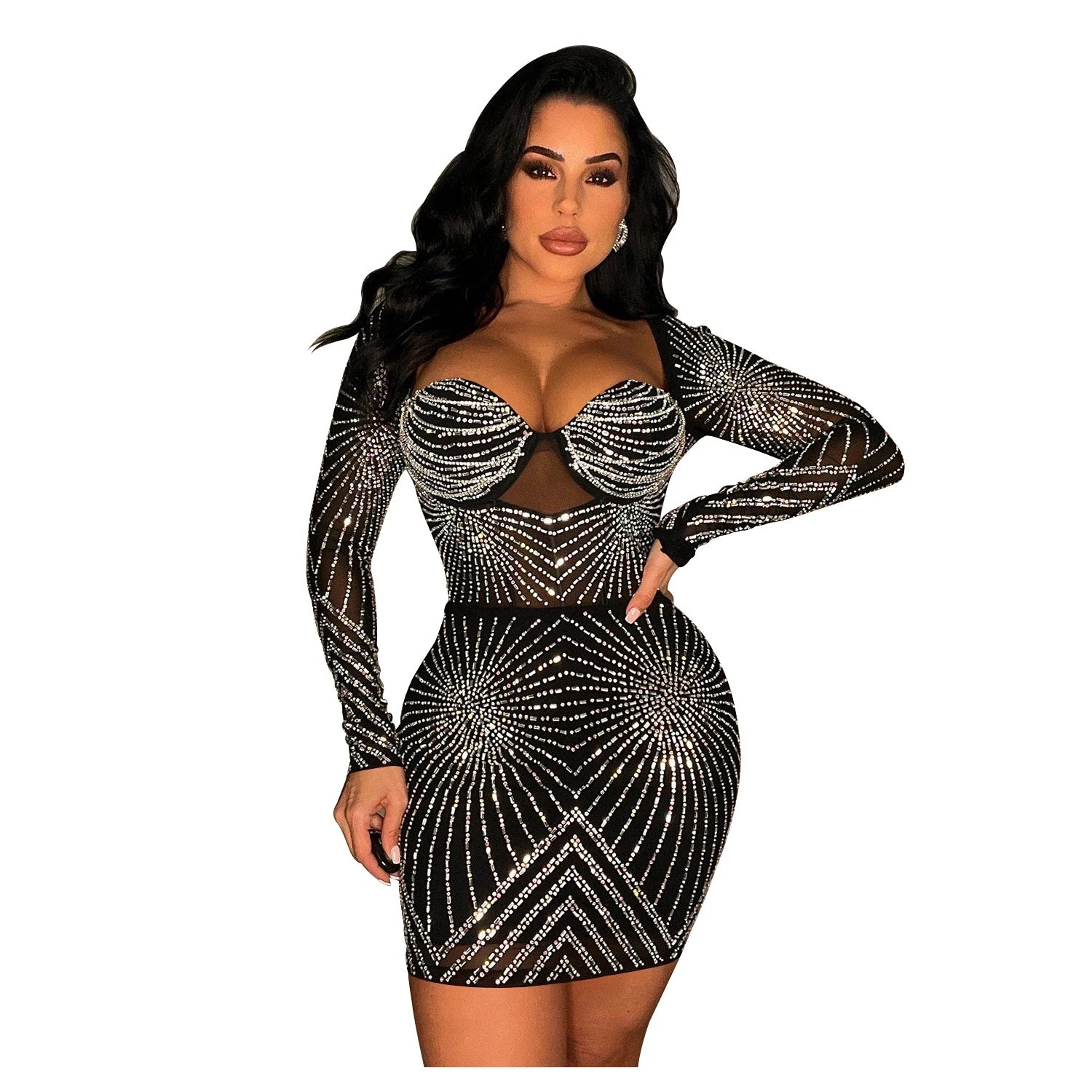 Luxury Geometric Black Rhinestone Short Party Dresses Robe Femme Women Elegant Sequin Bodycon Night Dress Sexy Clubwear black