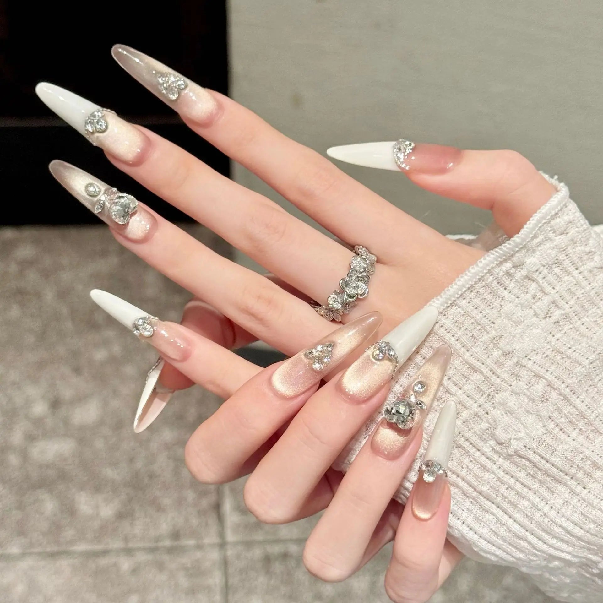 10pcs French Handmade Fake Nail Tips Diamond Design Cat's Eye Long Ballet False Nail Art Finished Wearable Coffin Press on Nails
