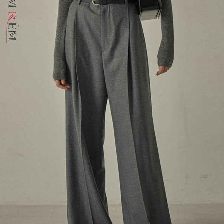 [LANMREM] Office Lady Pleated High Waist Pants For Women  Spring New Solid Wide Leg Trousers Fashion Clothing 26D8020