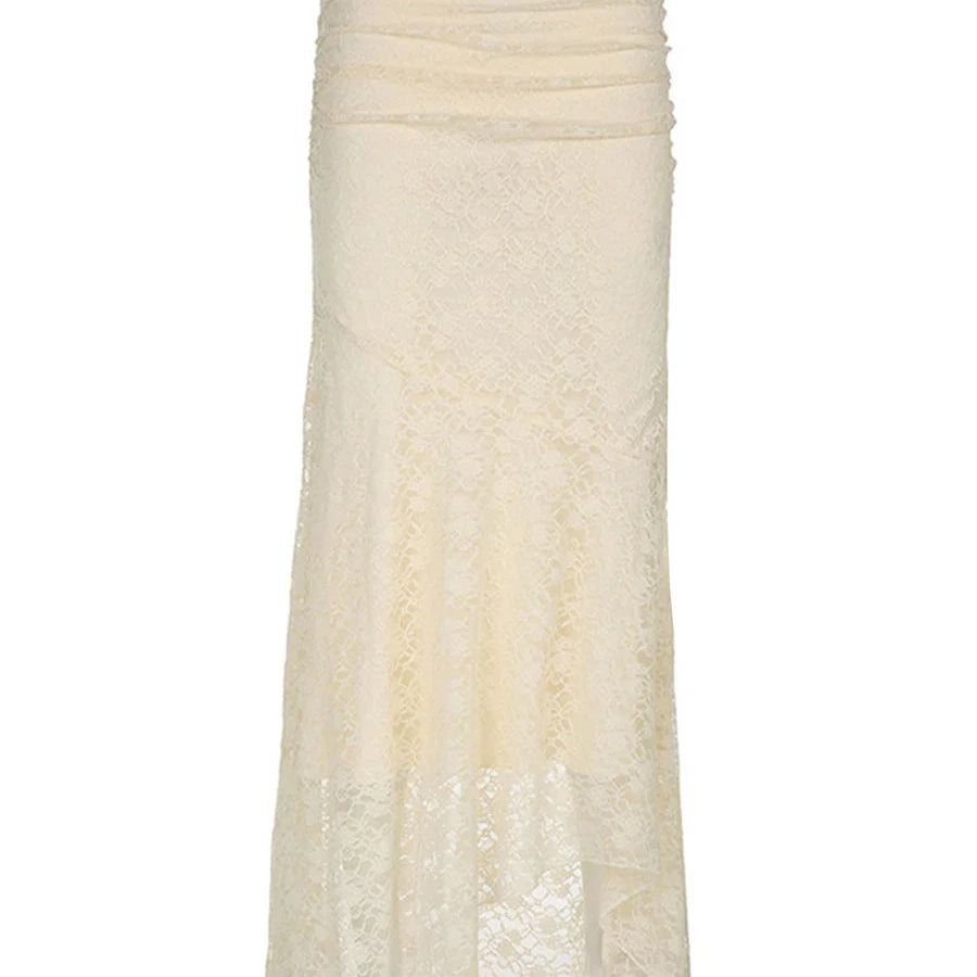 Women Lace Fishtail Skirt Casual for Beach Vacation See Through Mid-Waisted Maxi Skirts Women Autumn Spring Beige