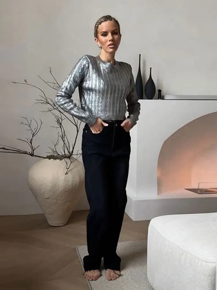 Women Solid O Neck Pullover Top Elegant Loose Long Sleeve Gold Sweatshirt Autumn Female Fashion Casual Shinny Outerwear Silver 2