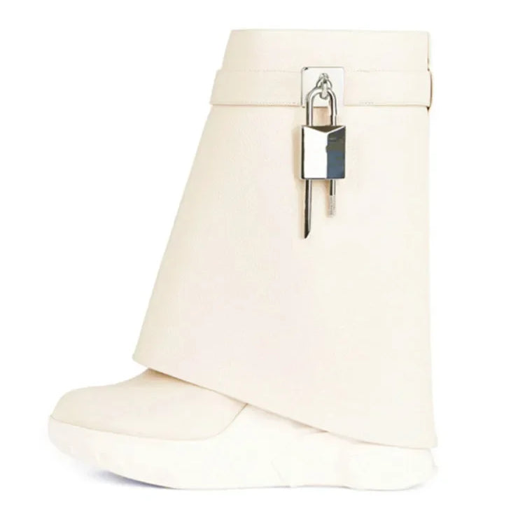 New Fashion Brand Thick Soled Leather Short Boots Round Head Lock Lock Shark Boots Women's Slope Heel High Heel Women's Boots Off white cowhide