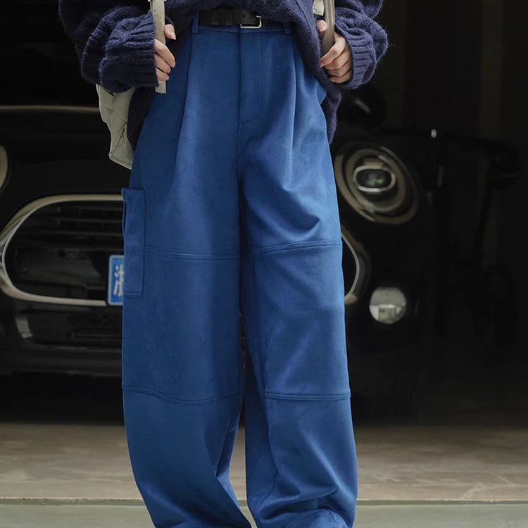 [LANMREM] Streetwear High Waist Wide Leg Pants For Women Big Pockets Design Trousers Female Fashion Trousers Spring New Blue