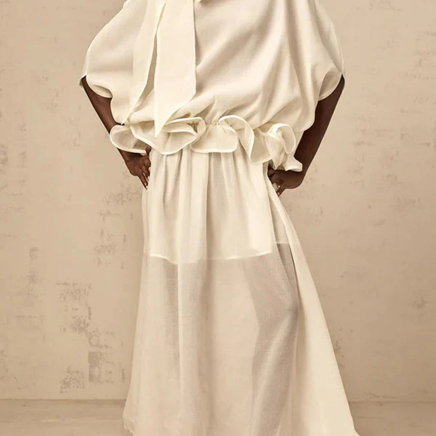 Solid Loose Spliced Bow Tunic Dresses for Women Half High Neck Short Sleeves Patchwork Ruffles Dress Female Clothes