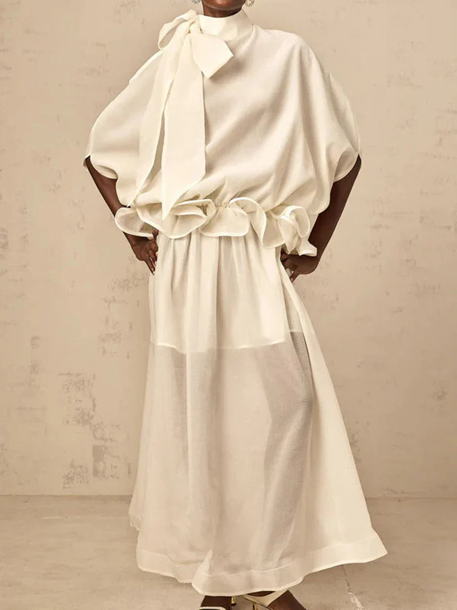 Solid Loose Spliced Bow Tunic Dresses for Women Half High Neck Short Sleeves Patchwork Ruffles Dress Female Clothes