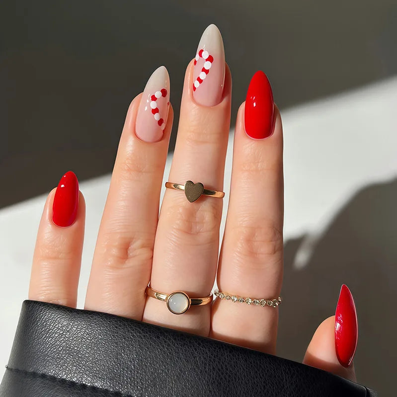 Glossy Red French Fake Nails 24Pcs Almond Press On Nails Xmas Hat Designs Full Cover Acrylic False Nails Patches DIY Manicure