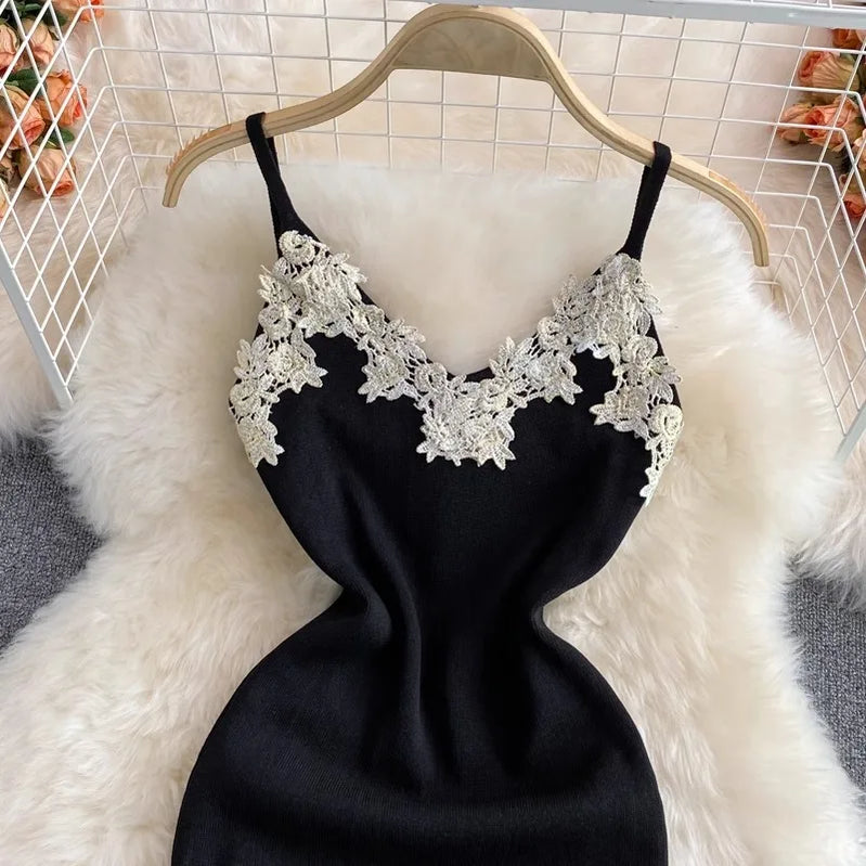 Chic Fashion Sexy Package Hips Lace Patchwork Knitted Summer Dress Women Black Mini Party Dress Streetwear Outfits