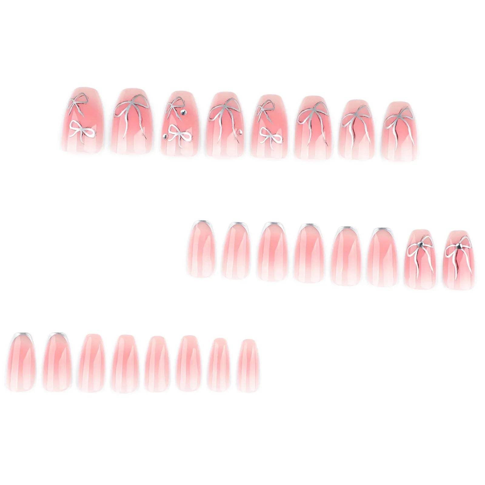 Short Ballet Fake Nails 24Pcs Blush Pink Press On Nails Silver Bowknot Printed French False Nails Patches DIY Charm Manicure