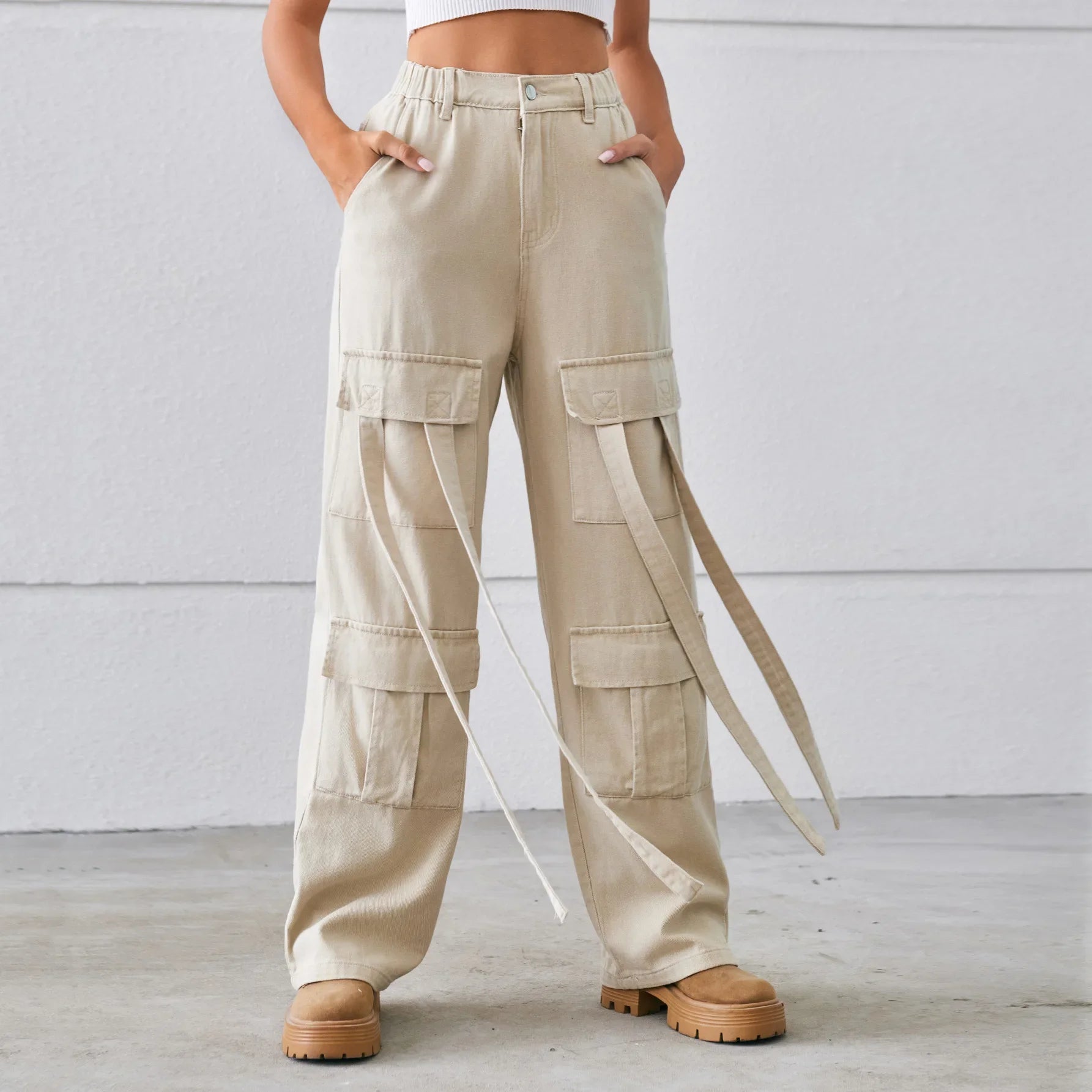 Heavy Work Ribbon Design Denim Work casual pants Women's New Wash Vintage Personalized light khaki