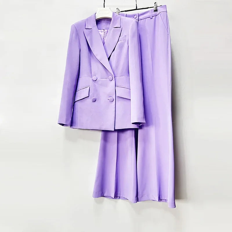 TWOTWINSTYLE Solid Two Piece Sets for Women Notched Collar Long Sleeve Spliced Double Breasted Blazer High Waist Pant Set Female