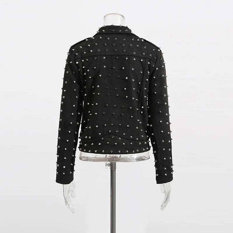 TWOTWINSTYLE Solid Spliced Zippers Casual Jackets for Women Lapel Lomg Sleeves Patchwork Rivets Luxurious Jacket Femlae Fashion