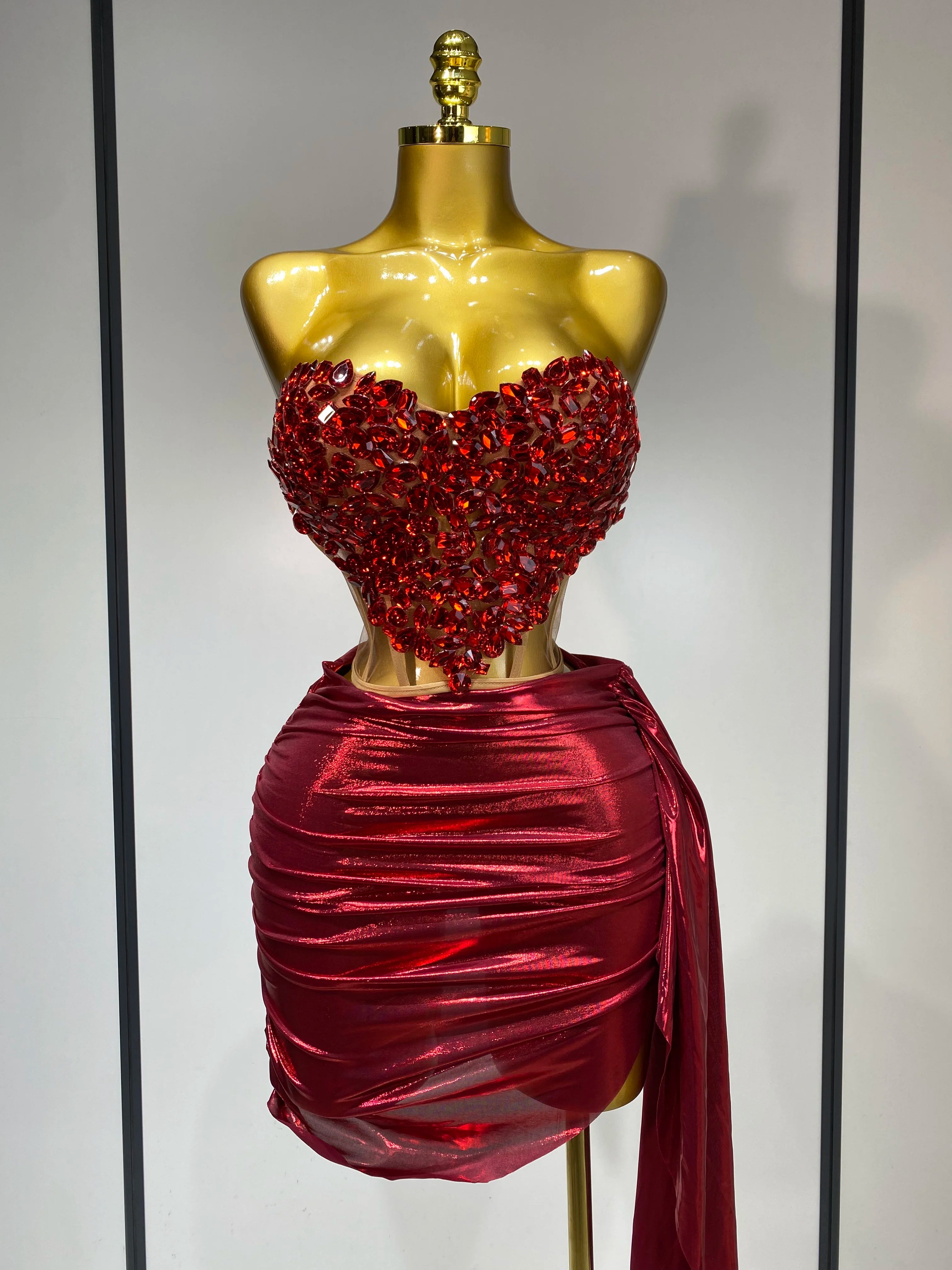 Sparkly Red Diamond Sexy Top Two Pieces Set Women Celebrate Party Luxury Birthday Nightclub Performance Dancer Stage Outfit