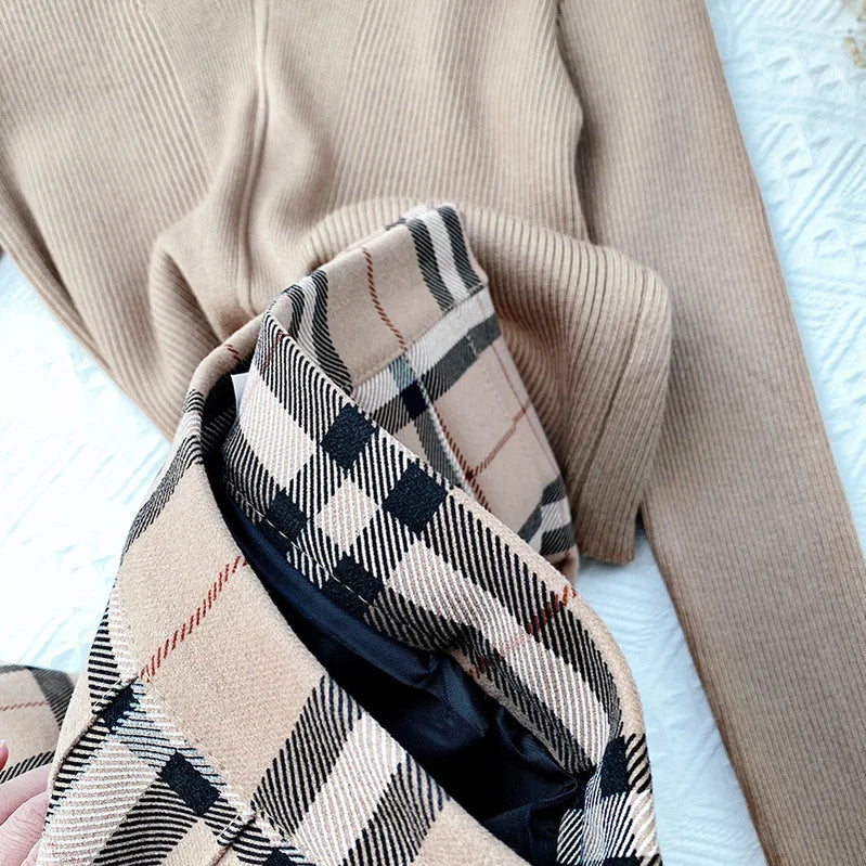 Contrast Color Plaid Striped Skirt Korean Version of Pleated Skirt Autumn High Waist A Line Plaid Mini Skirt Student Style Sweet