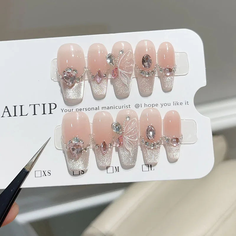 Press on Fake Nails Mid-length Glitter Ballet French False Nails with Glue Cat Eye Nails with Butterfly Designs Nail Full Cover