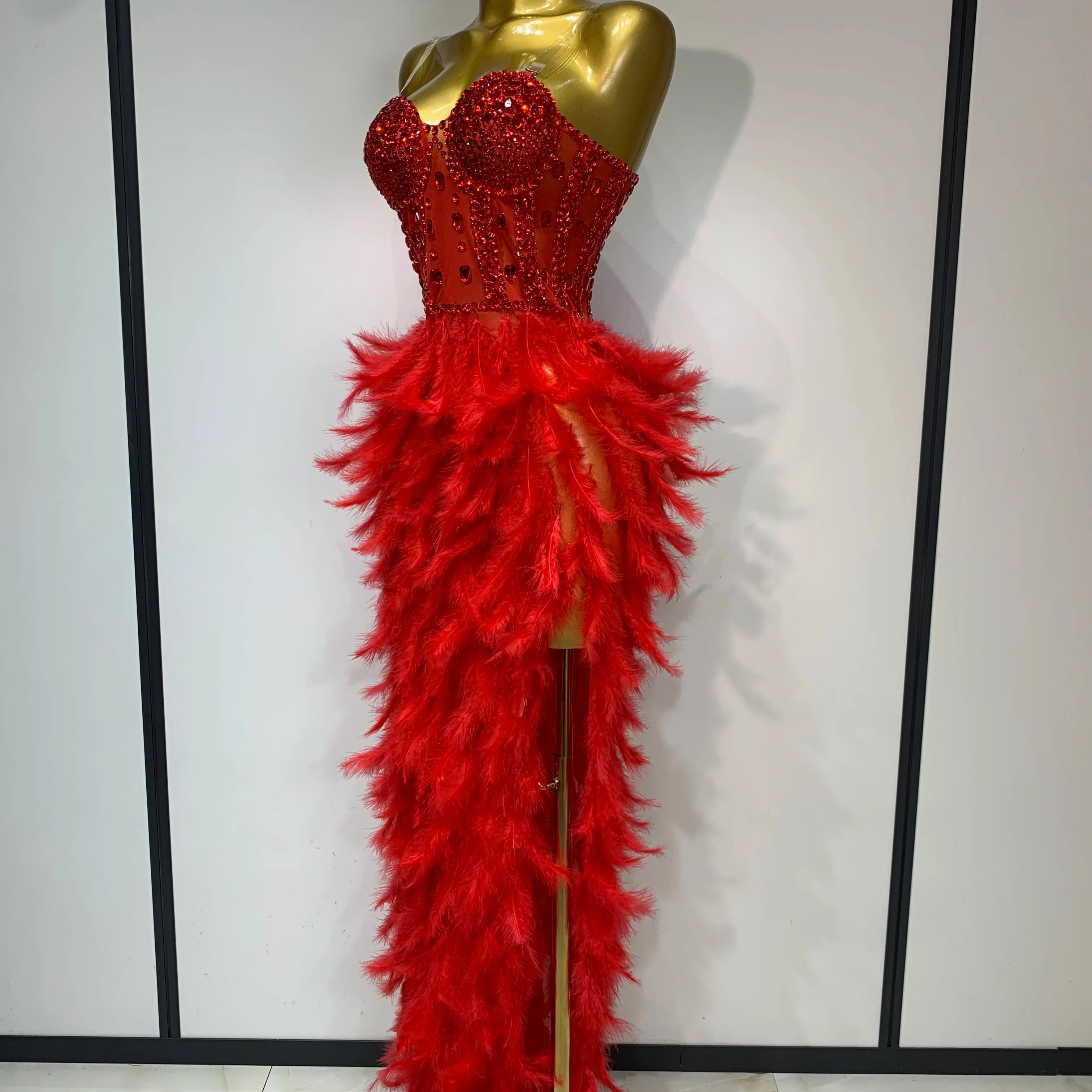 Sparkly Rhinestone Feather Mesh Long Dress Women Sexy Elegant Evening Party Luxury Birthday Photo Shoot Performance Costume