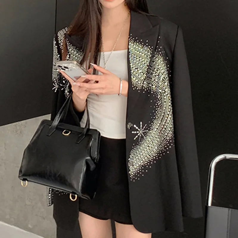 TWOTWINSTYLE Solid Loose Spliced Hot Fix Elegant Jackets for Women Lapel Long Sleeves Patchwork Button Jacket Female Fashion New