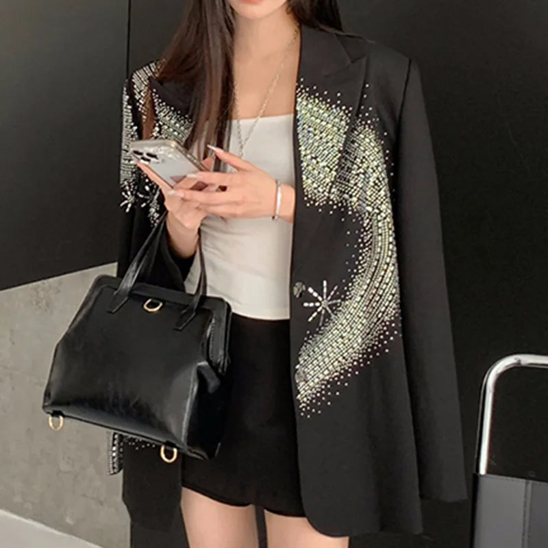 TWOTWINSTYLE Solid Loose Spliced Hot Fix Elegant Jackets for Women Lapel Long Sleeves Patchwork Button Jacket Female Fashion New