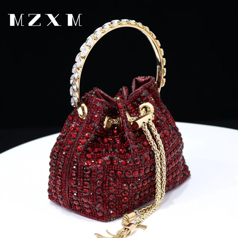 Rhinestones Women Evening Bags Bucket Design Party Day Clutch Soft Mixed Color Handle Design Handbags Purse Mature Burgundy 15x9x13cm