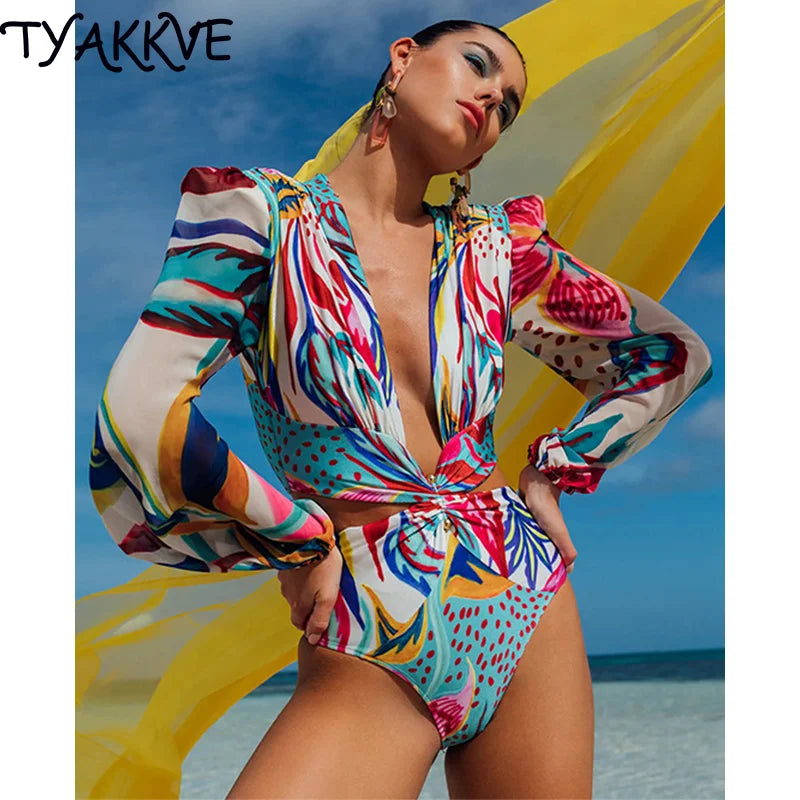 New Sexy One Piece Swimsuit Deep V Neck Swimwear Woman Monokini Long Sleeves Print Cut Bathing Suit Women Summer Beach Wear