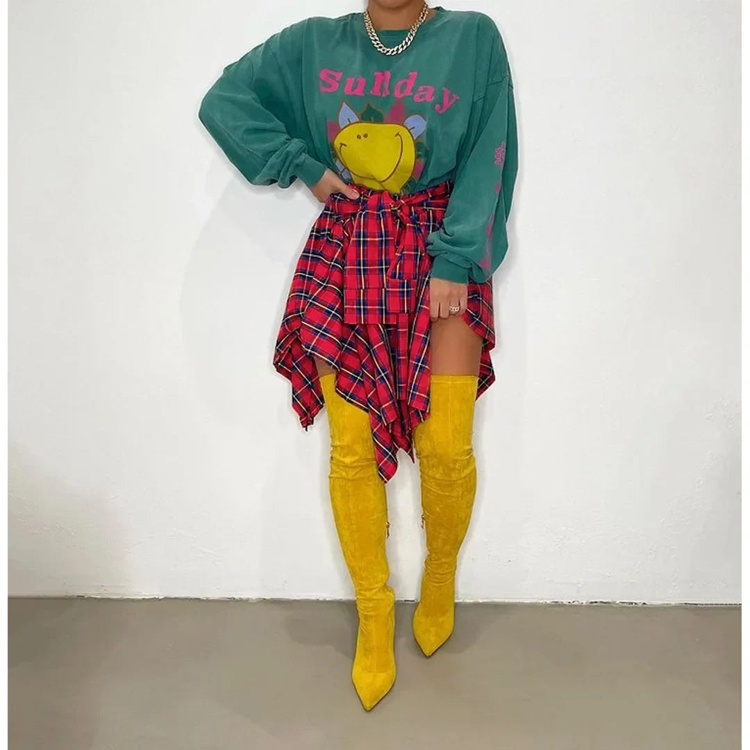 CM.YAYA Women Plaid Irregular High Waist Knee Length Skirts 2022 Summer Holiday Streetwear Sleeve Wrapped Lace Up Waist Skirt Red