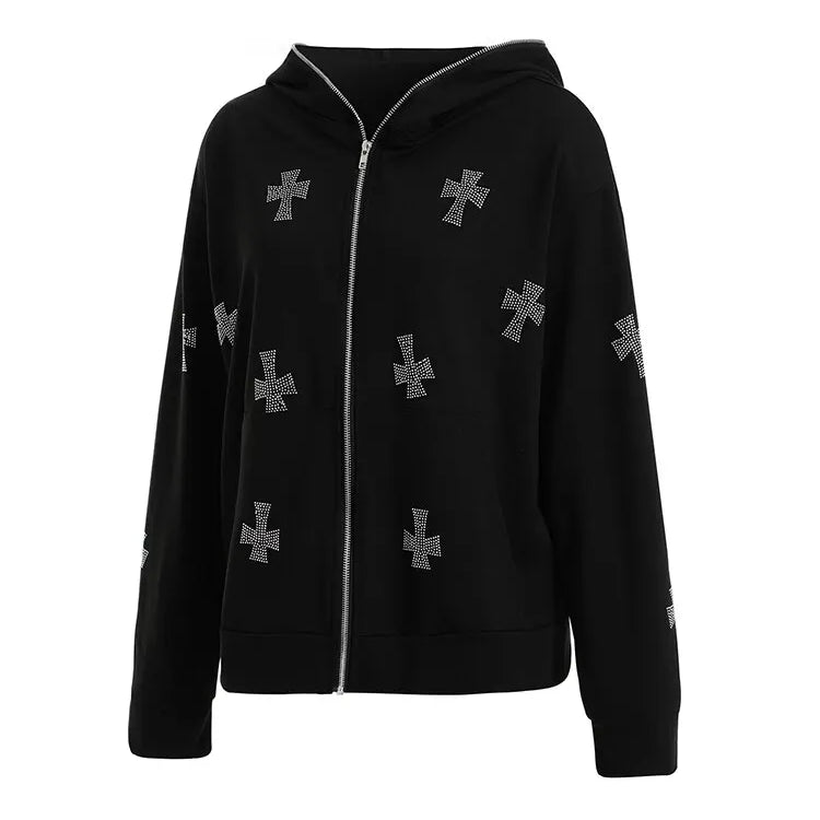 Women Full Zip Hoodies Long Sleeve Rhinestone Cross Pattern Loose Sweatshirts