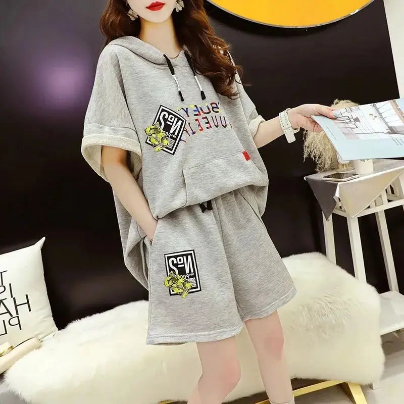 Women's Casual Suit 2025 Summer New Large Cotton Hooded Short-Sleeved Tops And Shorts Two Piece Set Household Plus Size Clothing