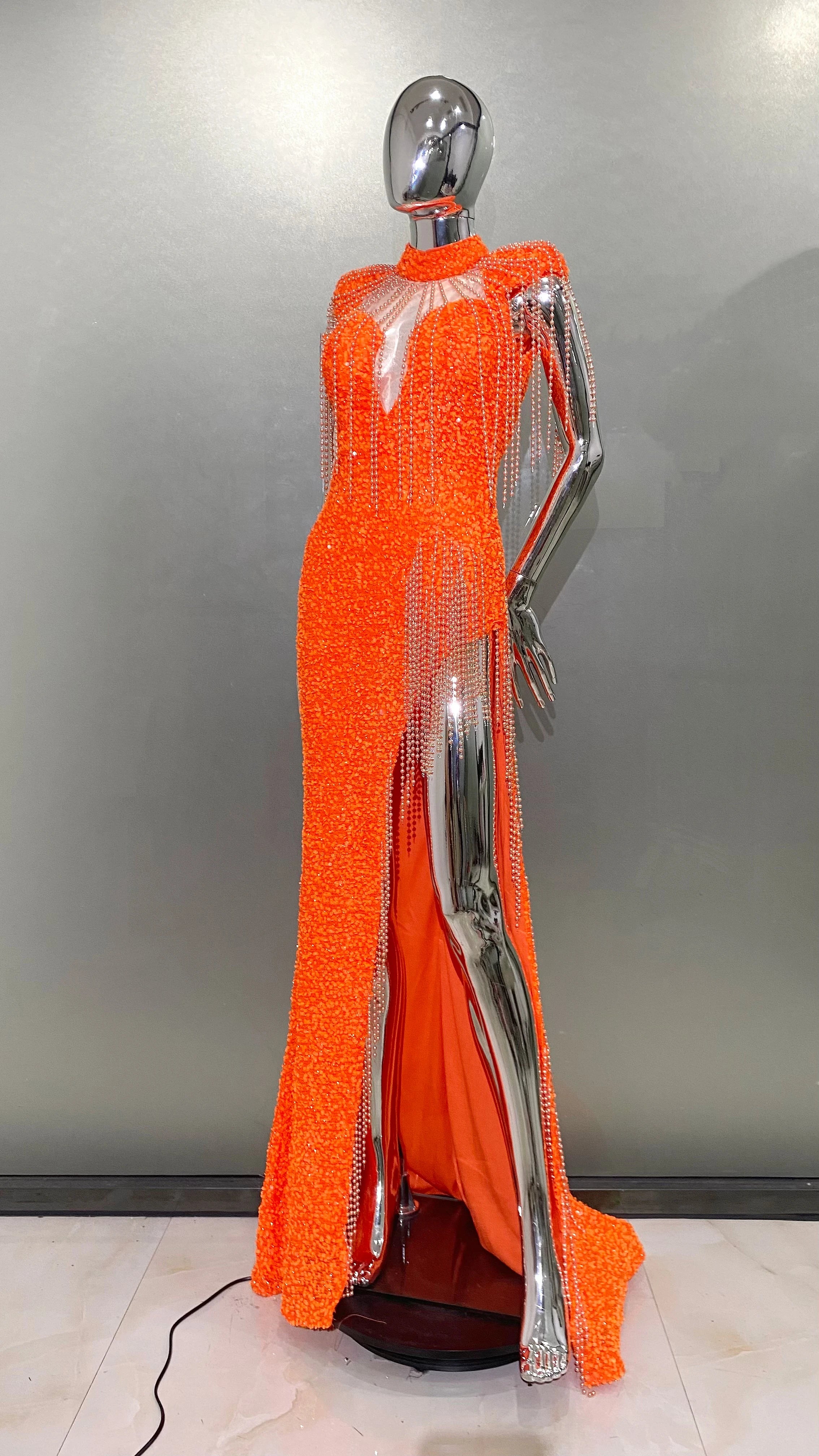 Women Luxury Sexy Short Sleeve Mesh Sequins Orange Maxi Long Dress Elegant Party Evening Stage Performance Dress Vestido