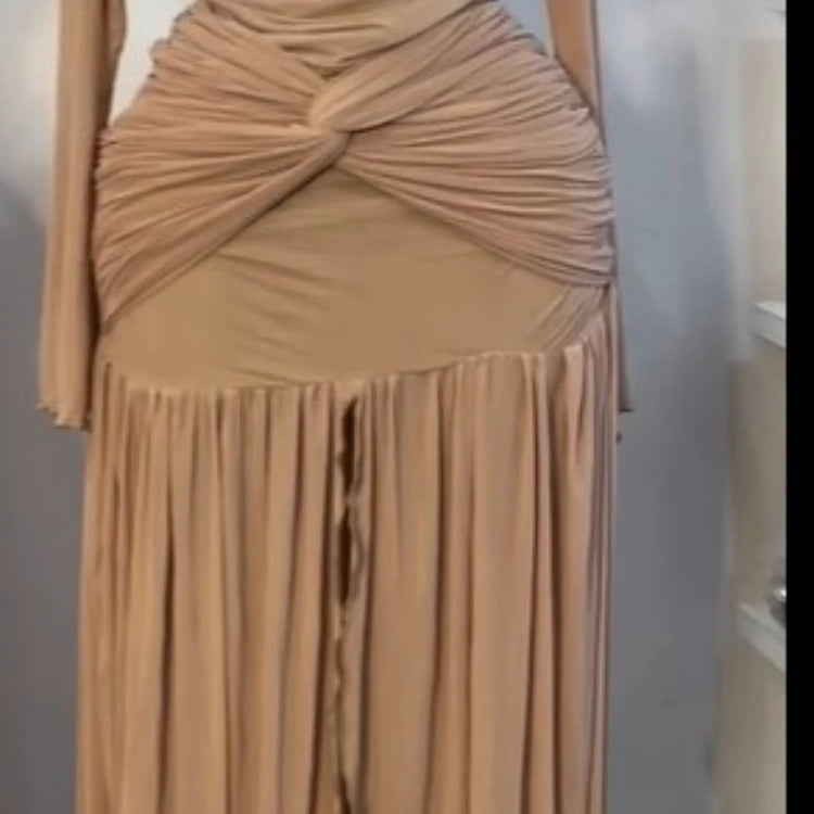 CM.YAYA Women Stacked Ruched Draped High Split Pleated Maxi Long Bodycon Dress 2025 Holiday Birthday Club Party Evening Dresses