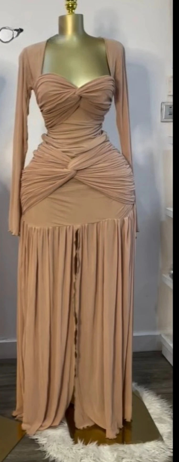 CM.YAYA Women Stacked Ruched Draped High Split Pleated Maxi Long Bodycon Dress 2025 Holiday Birthday Club Party Evening Dresses