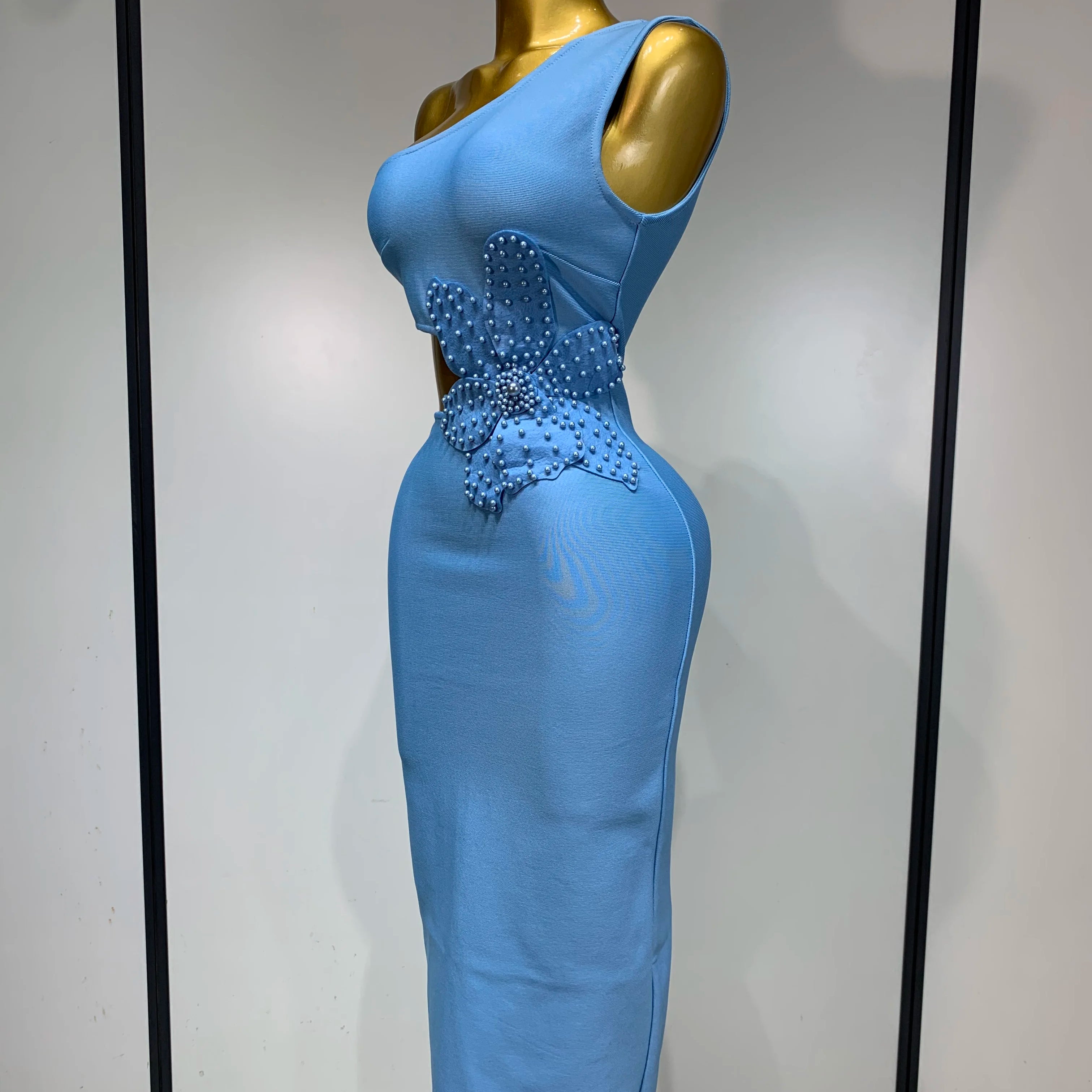 Women Sexy Luxury Birthday One Shoulder Pearl Sky Blue Bodycon Bandage Dress 2025 Celebrity Elegant Evening Club Party Outfit