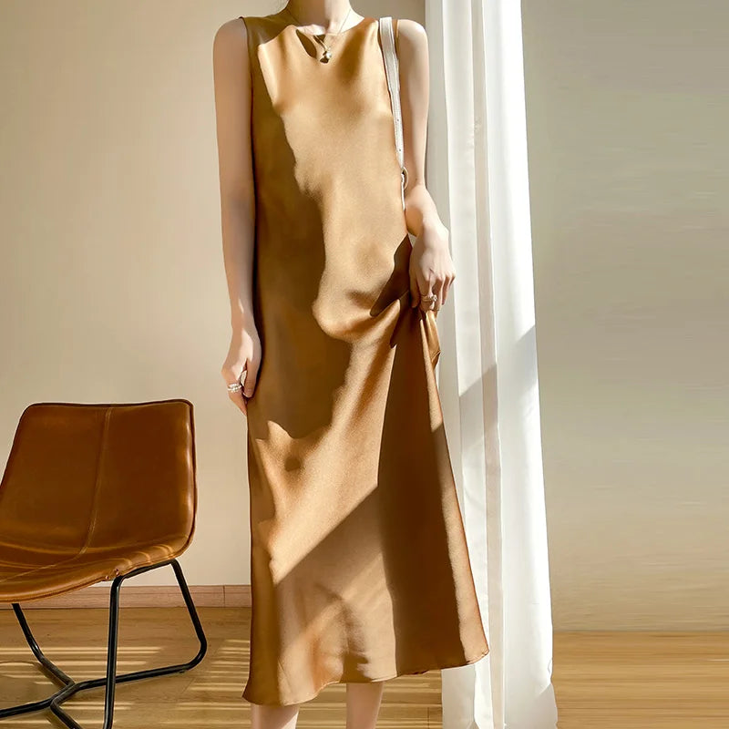 Light Luxury Acetate Satin Silk Sling Dress Female French Niche Slim Sexy V-neck Temperament Bottoming Dress Caramel color