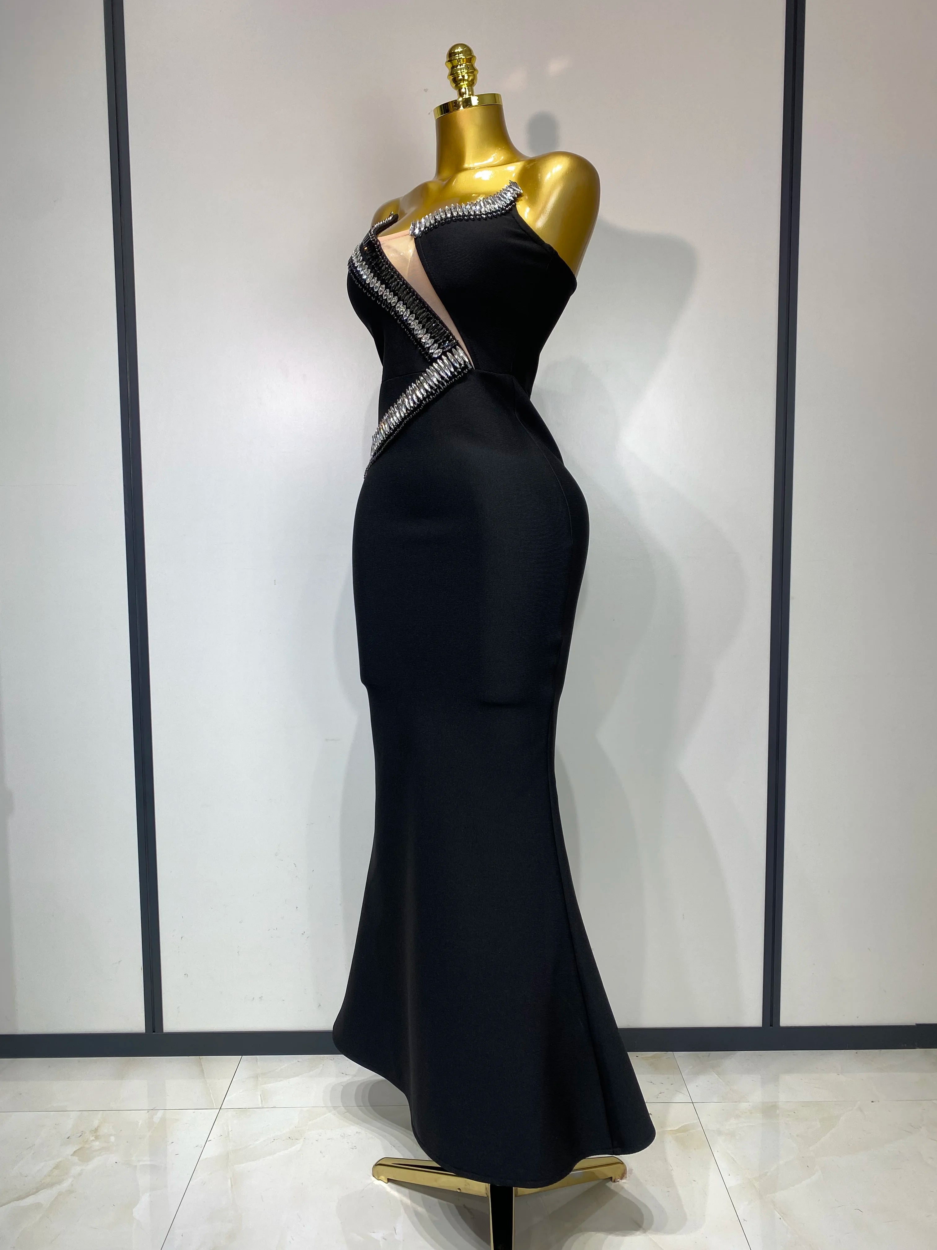 Women Sexy Strapless Bodycon Bandage Dress Rhinestone Celebrity Elegant Evening Party Gown Luxury Birthday Wedding Guest Dress