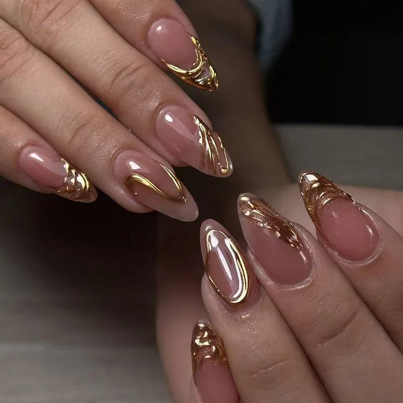 24Pcs Nude Pink Almond Fake Nails with Golden Lines Design Long Round Head Press on False Nails Wearable Full Cover Nail Tips