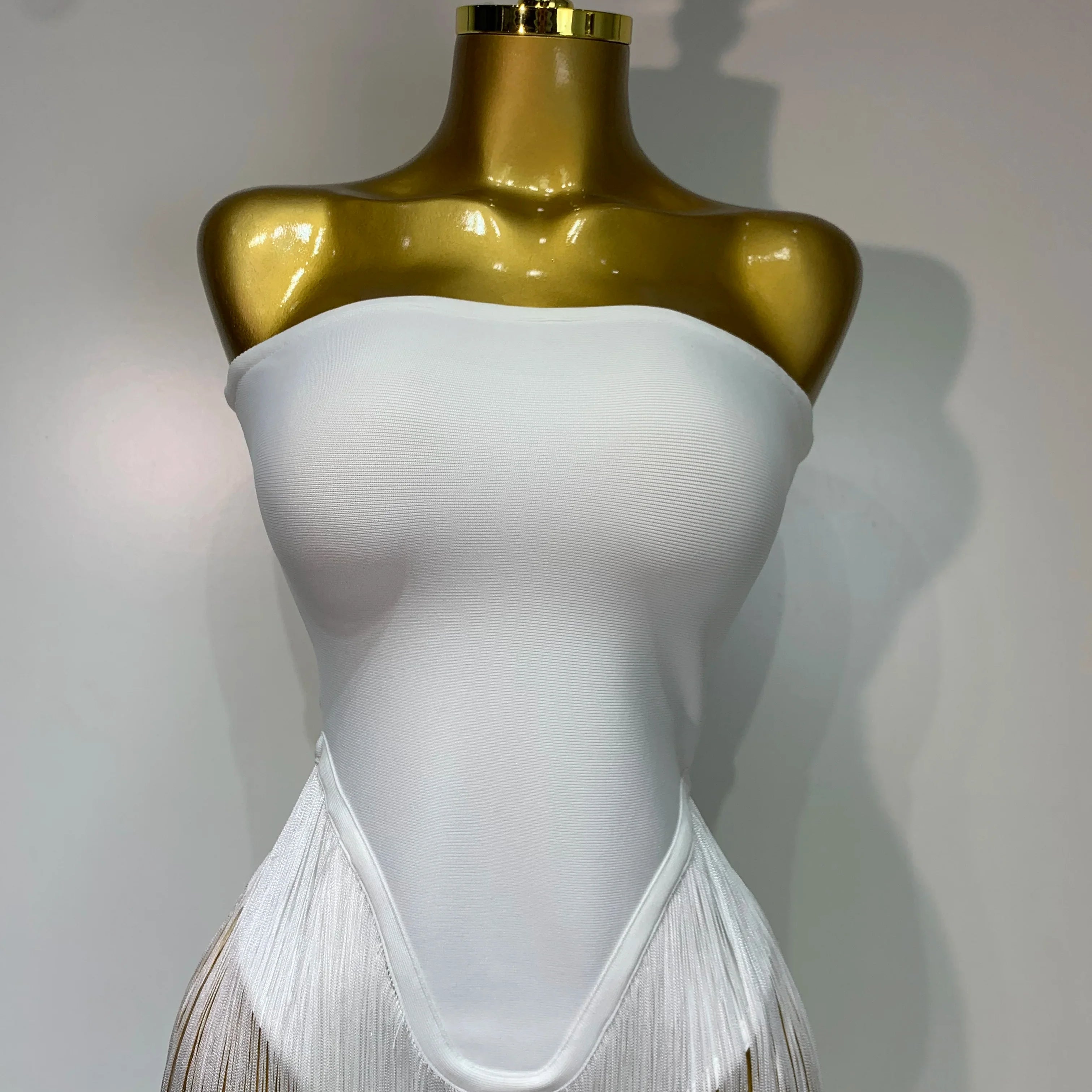 Women Sexy White Elegant Strapless Long Tassels Bandage Bodysuit Evening Party Luxury Birthdy Nightclub Singer Stage Outfit