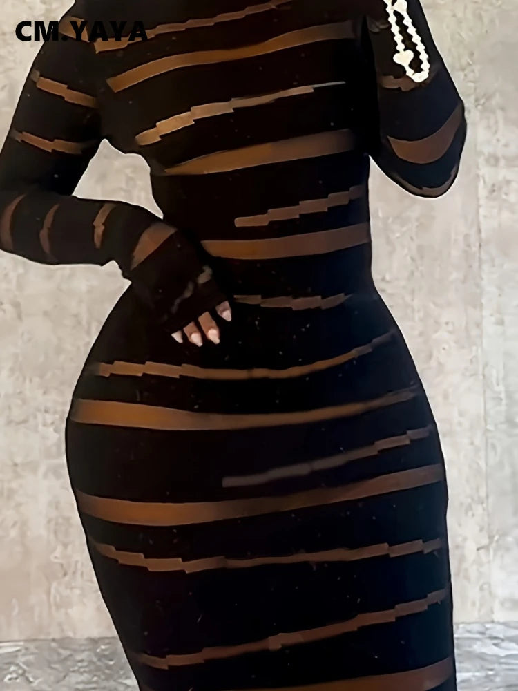 CM.YAYA Plus Size Women Clothing Dress Long Sleeve Striped Print O-neck High Waist  Spring Night Club Streetwear Mini Dresses