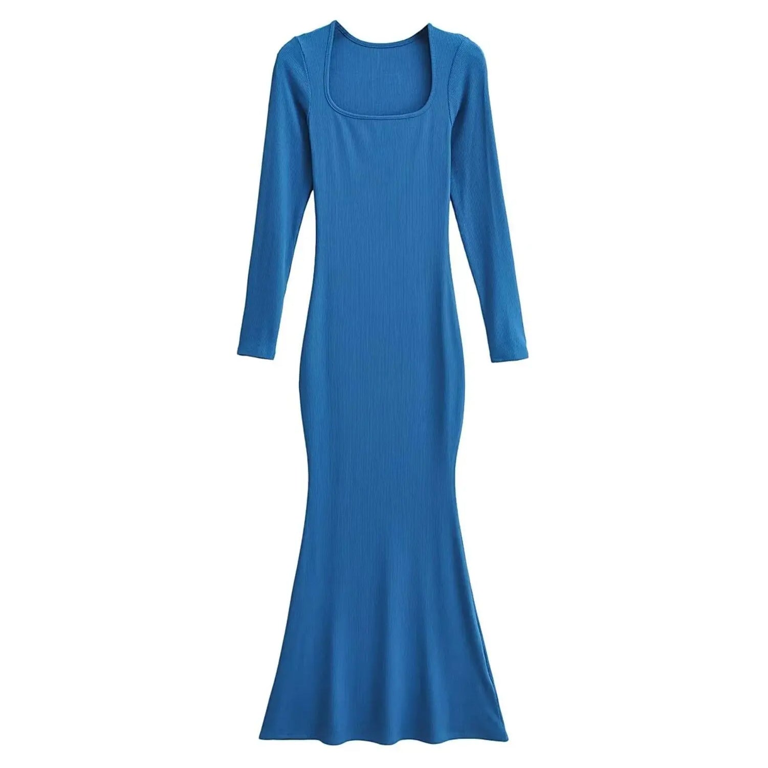 Sexy Square Collar Knitted Cotton Maxi Long Mermaid Dress Women Full Sleeve Stretch Basic Bodycon Fishtail Robe Vestido Malachite Blue