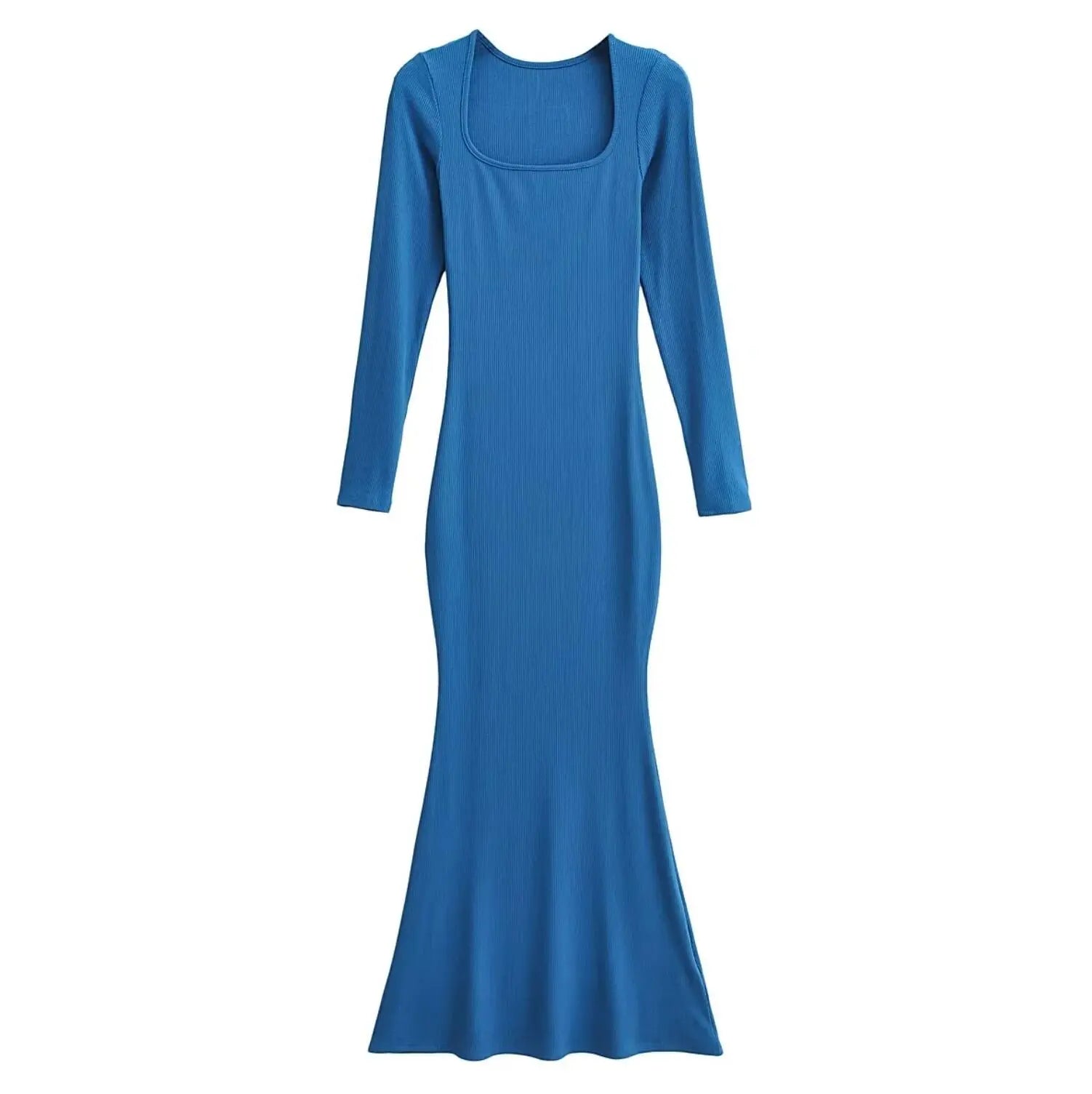 Sexy Square Collar Knitted Cotton Maxi Long Mermaid Dress Women Full Sleeve Stretch Basic Bodycon Fishtail Robe Vestido Malachite Blue