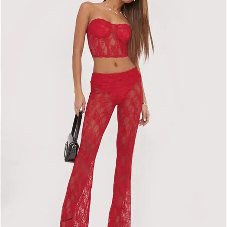 Habbris Spring Strapless Bodycon Crop Top Pants Sets Party Club Outfit For Women 2023 Sexy Red Lace Sheer 2 Two Piece Pants Sets