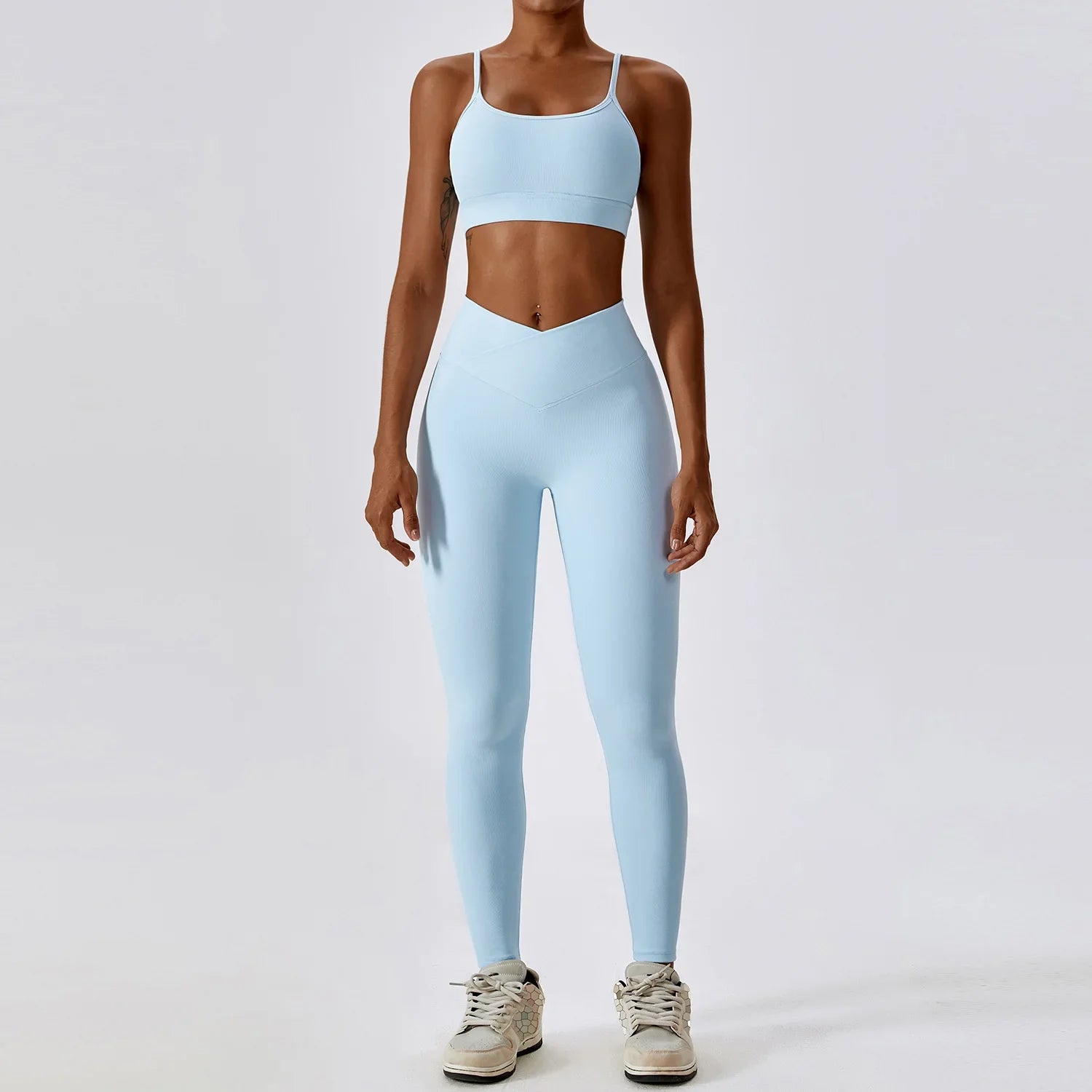 2PCS Seamless Yoga Set Gym Clothes Sportswear Yoga Suits For Women Fitness Rib Tracksuits Sports Bra Gym Leggings Sports Suits Sky Blue Set-2 CHINA