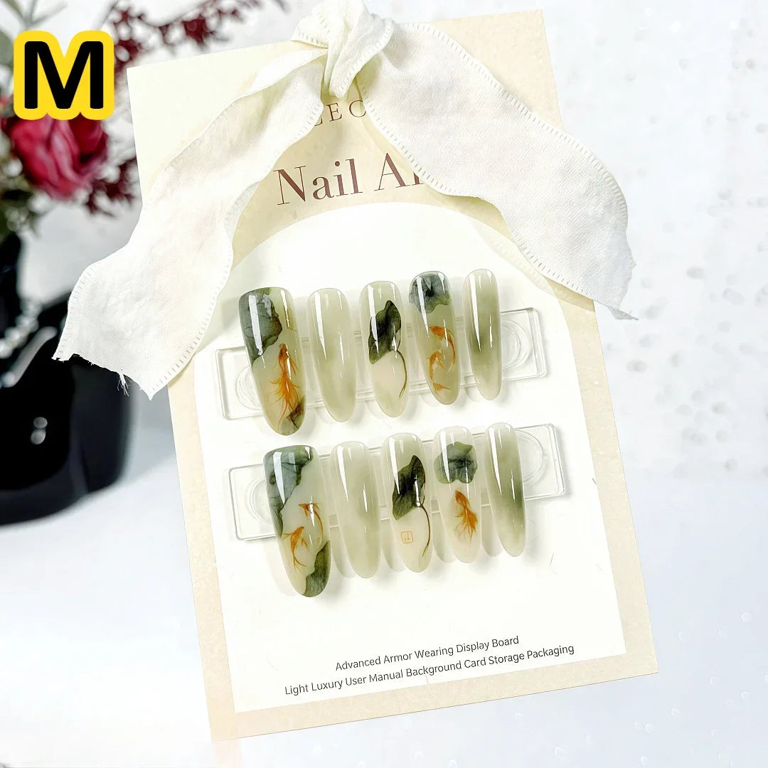 10Pcs Oriental-Themed Press-On Nails with Lotus Leaf,Koi Fish,Bamboo Patterns Crescent Moon Designs Nail Tips for Women&Girls