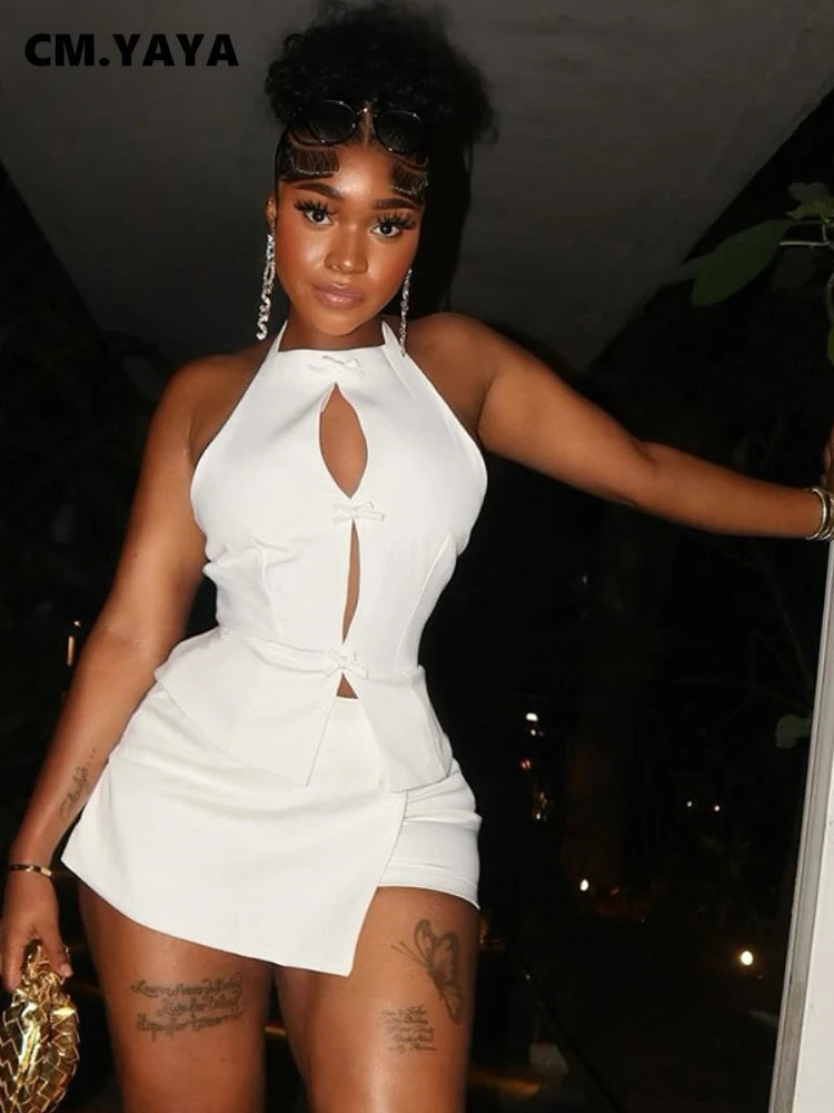 CM.YAYA 2025 Summer Women's Set Sleeveless Hollow Out Top+ Skirts Shorts Cute Street Two 2 Piece Sets Street Outfits Tracksuit