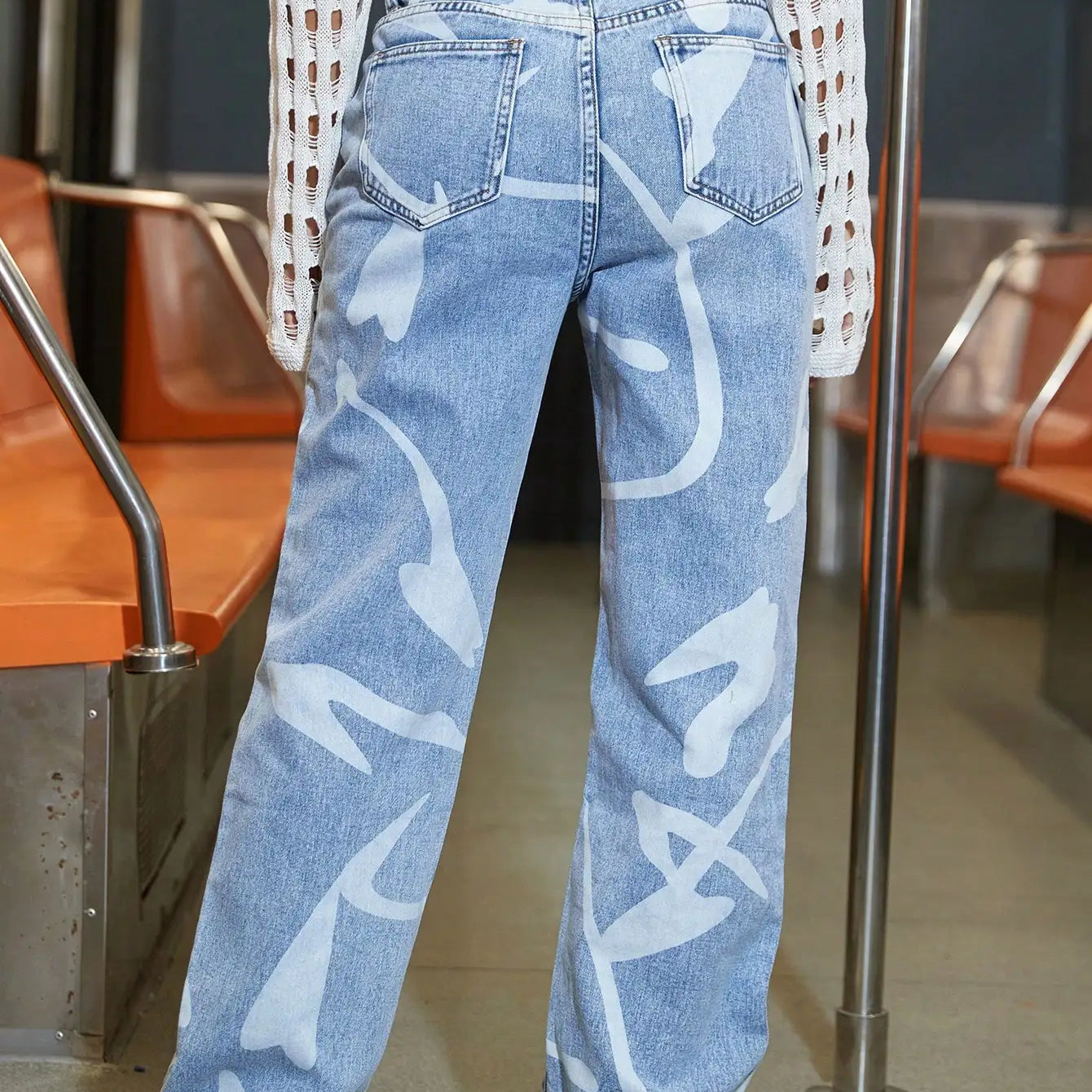 Women Fashion Street High Waist Slant Pocket Graphic Print Straight Leg Jeans Female Casual Denim Trouser